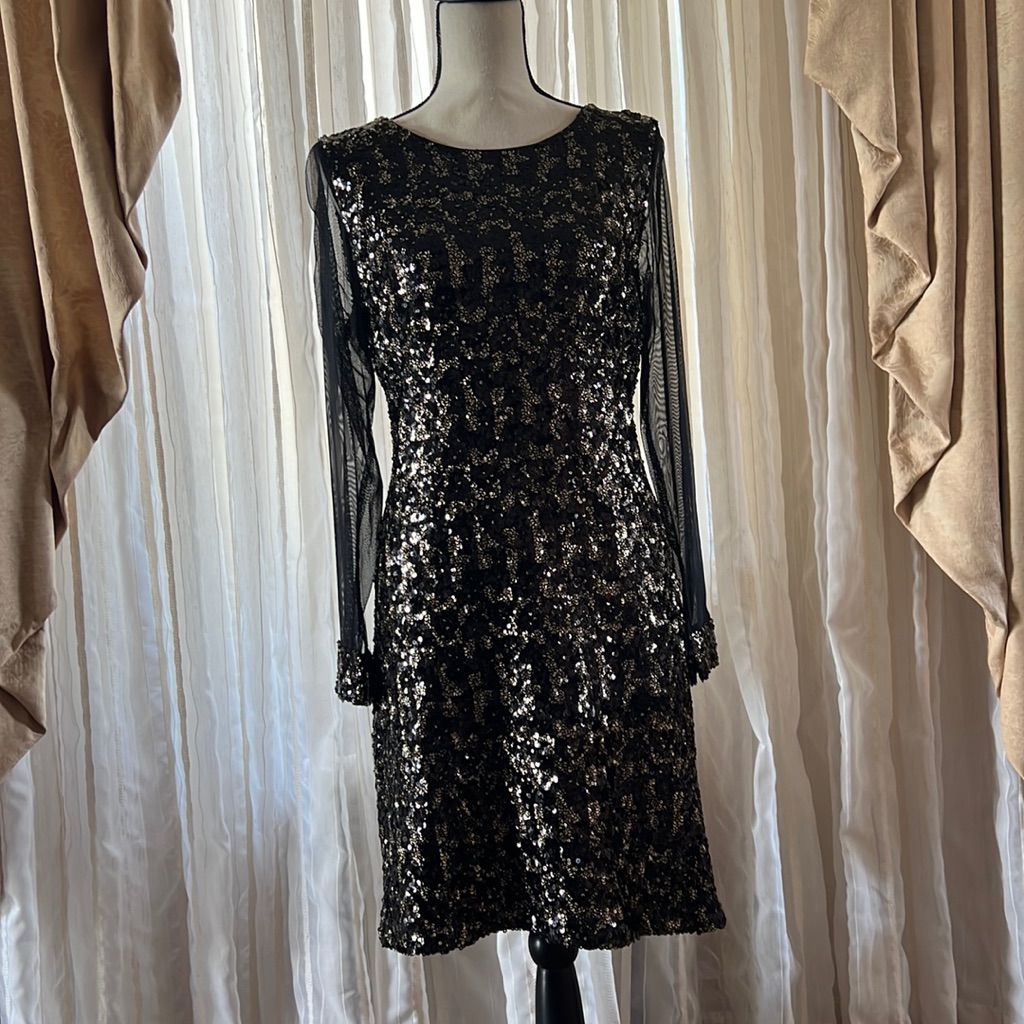 Belle Bagley Mischka Black Sequin Winola Sheath Stretch Evening Dress Size 14